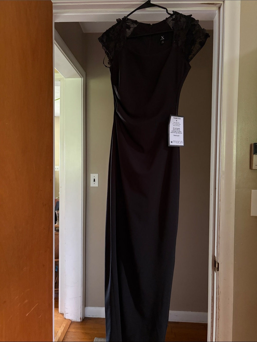 Xscape Black Maxi Gown with Lace Cap Sleeves